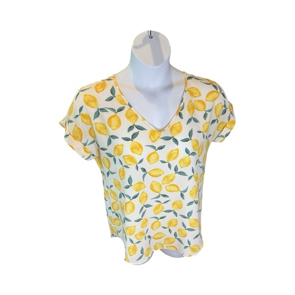 Pink Rose Lemon Print Blouse V-Neck Cuffed Sleeve Yellow Tunic Top Large L - Picture 8 of 9
